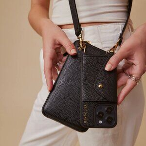 Hailey Side Slot Leather Crossbody Bandolier and Expanded Zip Pouch - Black/Gold